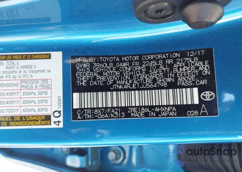 2018 Toyota Corolla Im из США, поврежденный, VIN JTNKARJE1JJ564798